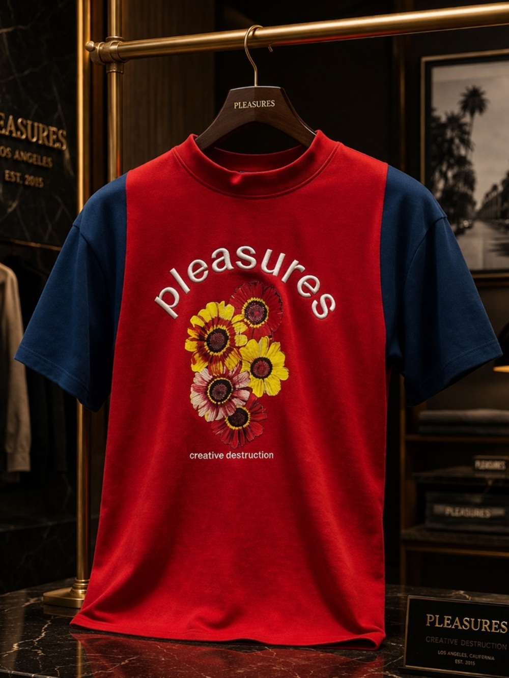 Pleasures Men's Red & Navy Floral Logo Short Sleeve Tee